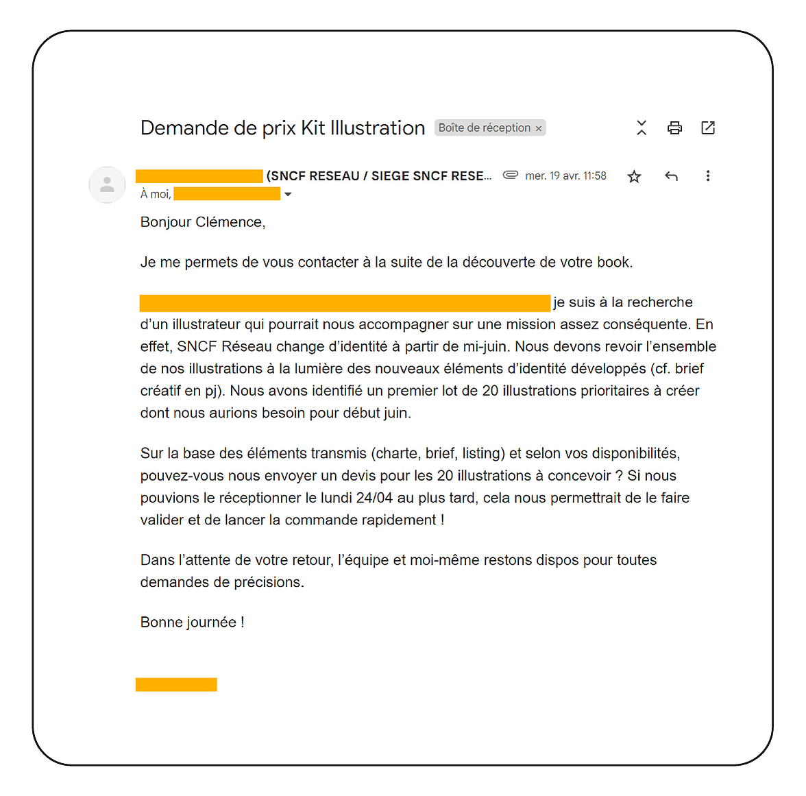 Email de première demande de disponibilités avec un brief en pièce jointe. Écris sur un ton professionnel, clair, précisant les objectifs visés.