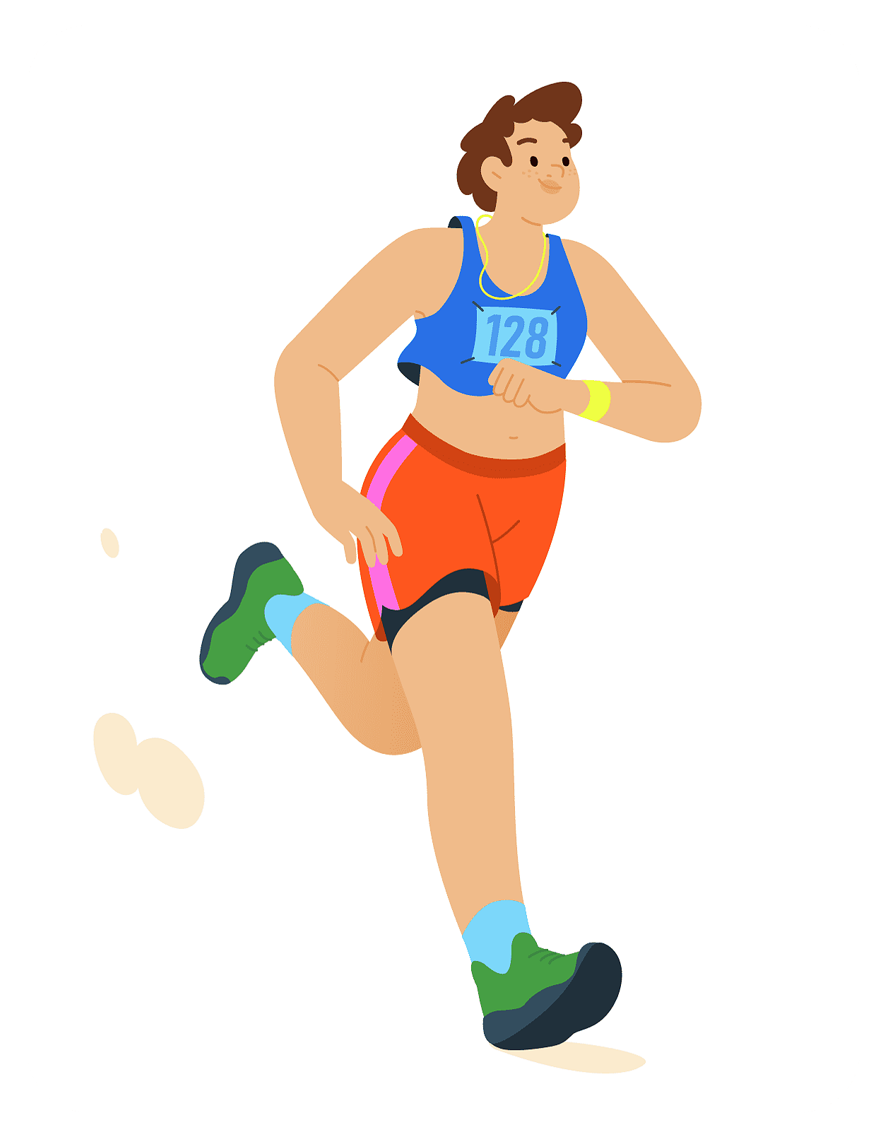 A cheerful character who runs with ease, the colors are sharp and bright.
