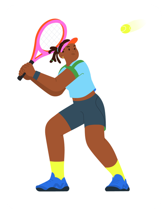 A winning backhand for this tennis-woman character. In it to win it. Ready to conquer.