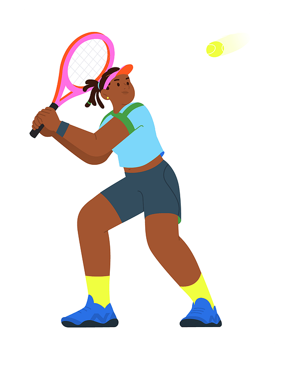 A winning backhand for this tennis-woman character. In it to win it. Ready to conquer.