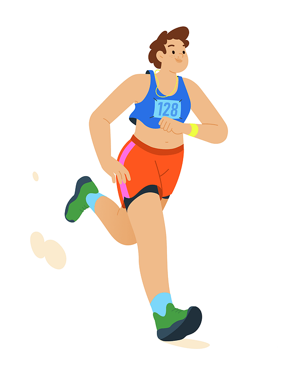 A cheerful character who runs with ease, the colors are sharp and bright.
