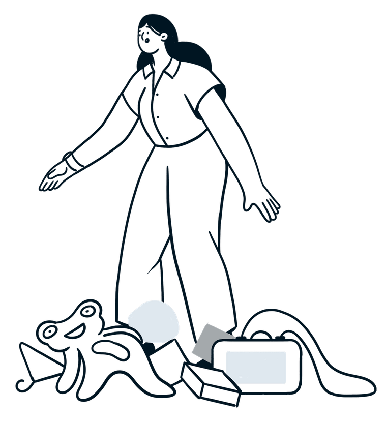 Scène narrative : personnage de femme submergée par le quotidien, courses renversées au sol. Style graphique simple, efficace et élégant