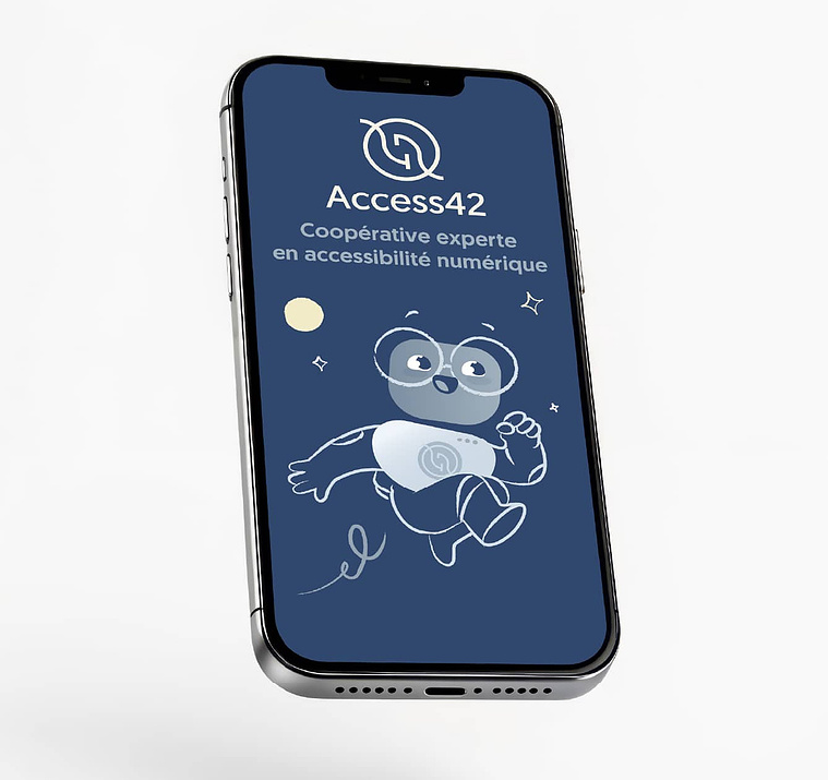 Téléphone présentant la mascotte bondissante et le logo Access42 sur fond sombre