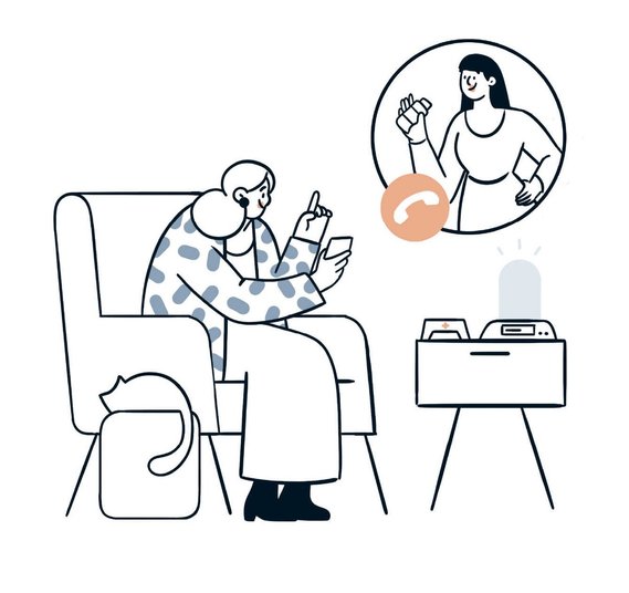 Design narratif : consultation virtuelle entre senior et infirmière, chat attentif à leurs côtés, personnages connectés par l'application mobile