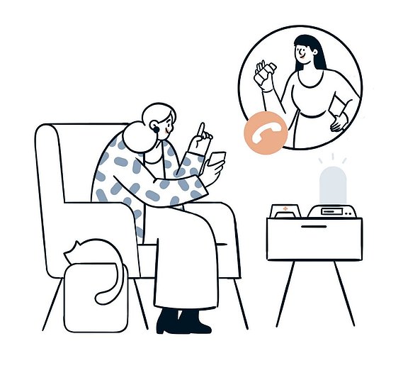 Design narratif : consultation virtuelle entre senior et infirmière, chat attentif à leurs côtés, personnages connectés par l'application mobile