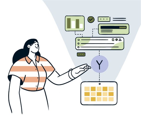 Personnage interagissant avec visualisations simplifiées d'agenda et données personnelles, design minimaliste et expressif
