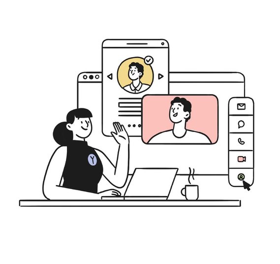 Illustration minimaliste : conseillère en interaction virtuelle, entourée d'interfaces épurées et fiches professionnelles