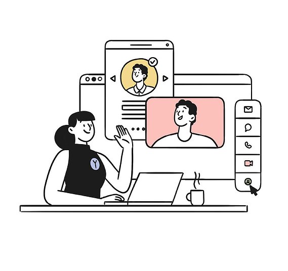 Illustration minimaliste : conseillère en interaction virtuelle, entourée d'interfaces épurées et fiches professionnelles