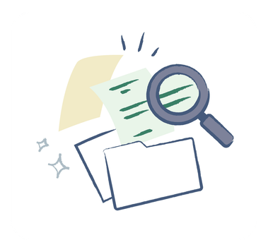 Documents sortant de pochettes avec loupe grossissante, style minimaliste