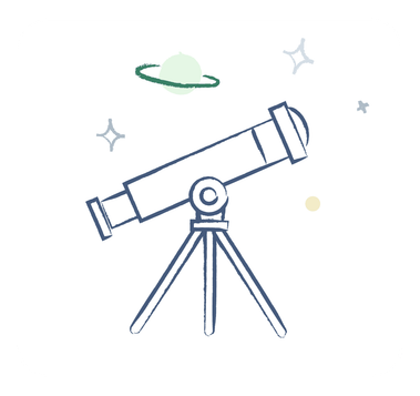 Télescope dessiné au trait entouré d'étoiles et planètes