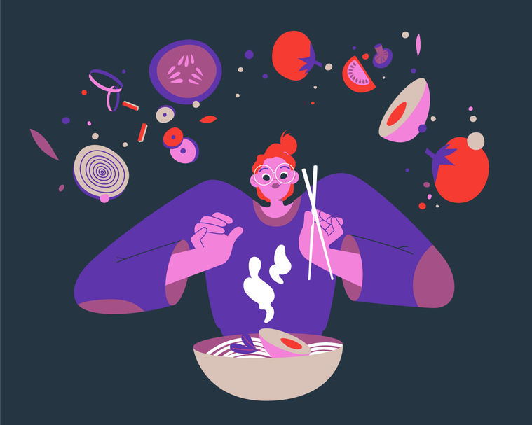 Red-haired woman smiles in front of a bowl of steamy japanese noodle-soup. Vegetables levitate above her head.