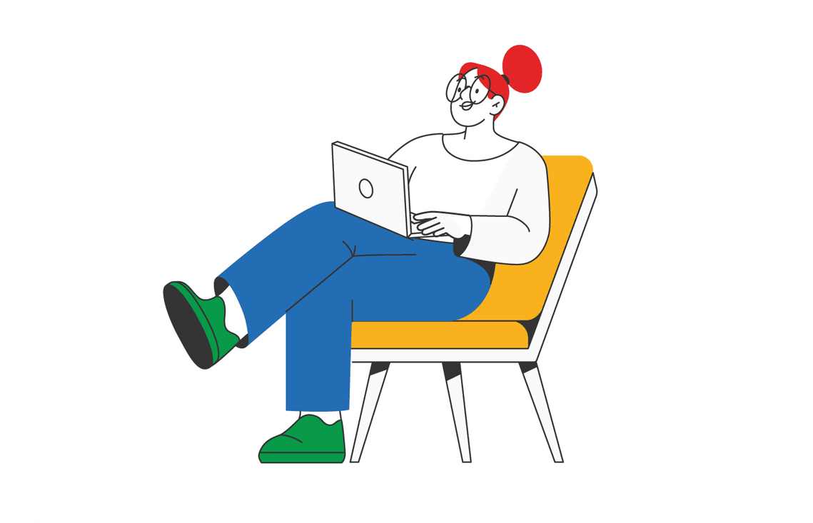 Illustration par Clémence Thune : femme détendue travaillant sur ordinateur portable, dessin au trait noir et couleurs primaires vibrantes
