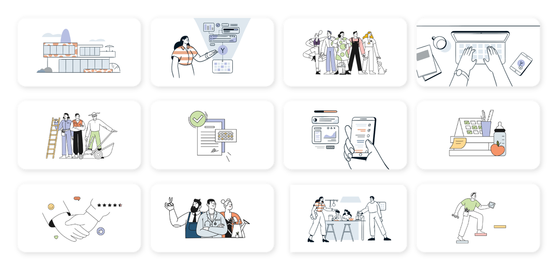 Graphic visual elements created for the Yohana brand, various characters, workers, active people, young people, accompanied by objects, watering cans, data visualization, interfaces, etc. The shapes are simple and the universe is joyful and lively.
