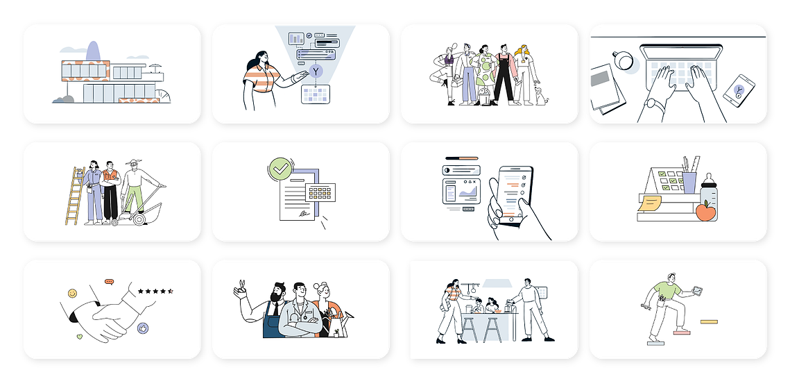 Graphic visual elements created for the Yohana brand, various characters, workers, active people, young people, accompanied by objects, watering cans, data visualization, interfaces, etc. The shapes are simple and the universe is joyful and lively.