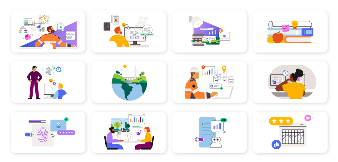 Graphic elements such as graphics, data, infographics, digital data, produced for Sncf Réseau to accompany the characters.