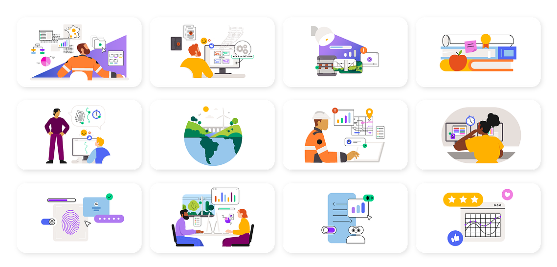 Graphic elements such as graphics, data, infographics, digital data, produced for Sncf Réseau to accompany the characters.