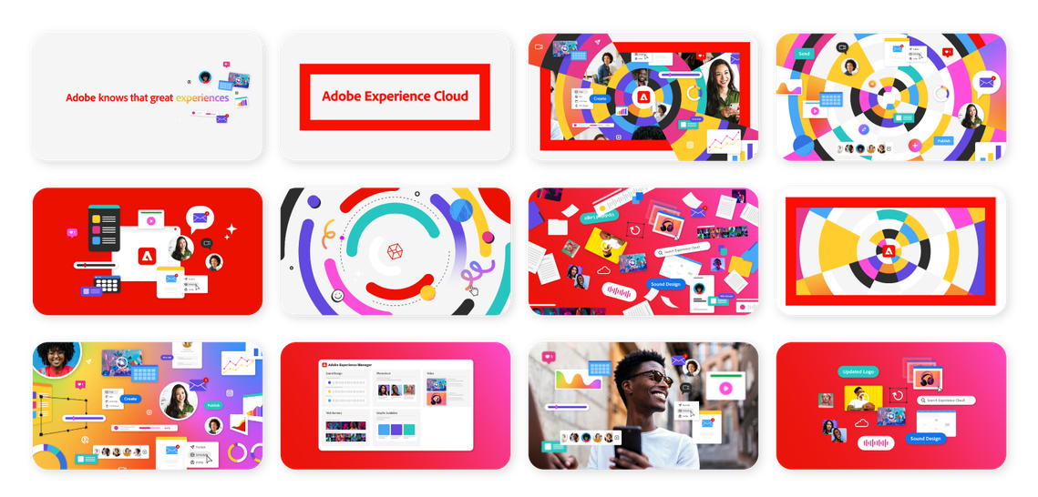 Engaging graphic designs and storyboards createdfor Adobe Experience Cloud's brand animations, inspired by their new graphic guidelines. Showcasing service benefits through captivating design, driving audience engagement and enhancing brand communication.