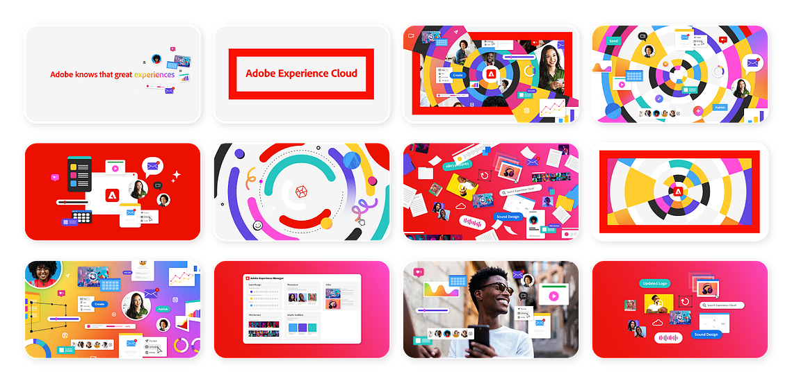 Engaging graphic designs and storyboards createdfor Adobe Experience Cloud's brand animations, inspired by their new graphic guidelines. Showcasing service benefits through captivating design, driving audience engagement and enhancing brand communication.