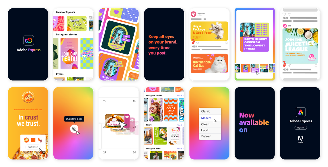 Several visual extracts of digital content created to promote Adobe Express services and engage the targeted audience. Colorful, round and dynamic graphics.