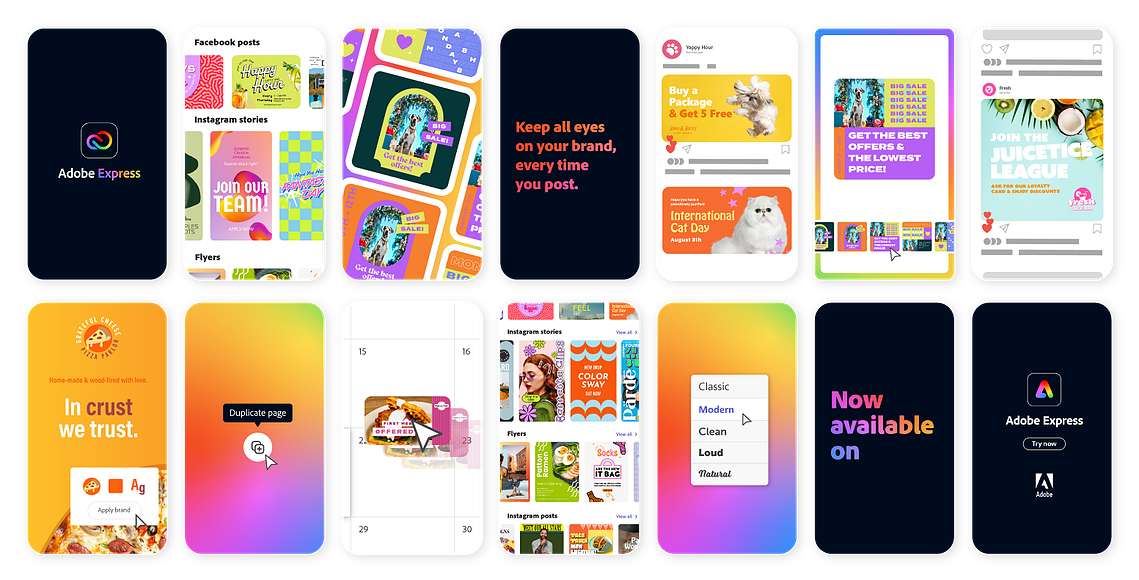 Several visual extracts of digital content created to promote Adobe Express services and engage the targeted audience. Colorful, round and dynamic graphics.