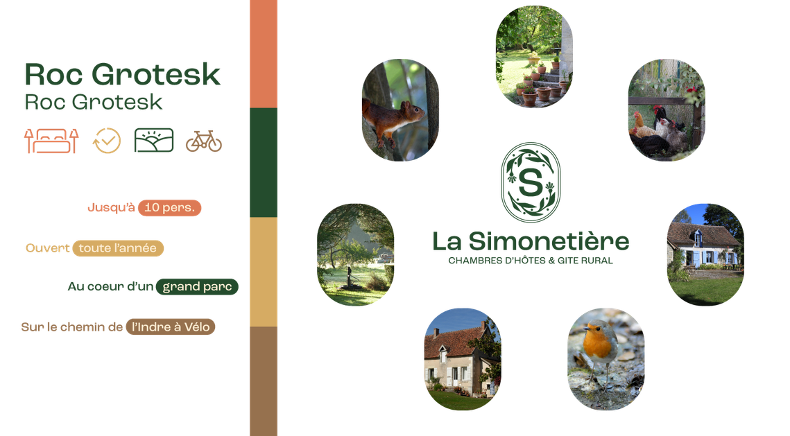 La Simonetière’s B&B global graphic identity : graphic guideline, logo, web design, flyers, photos, highlighting the charm of this enchanting place in Berry, Centre Val de Loire, France.