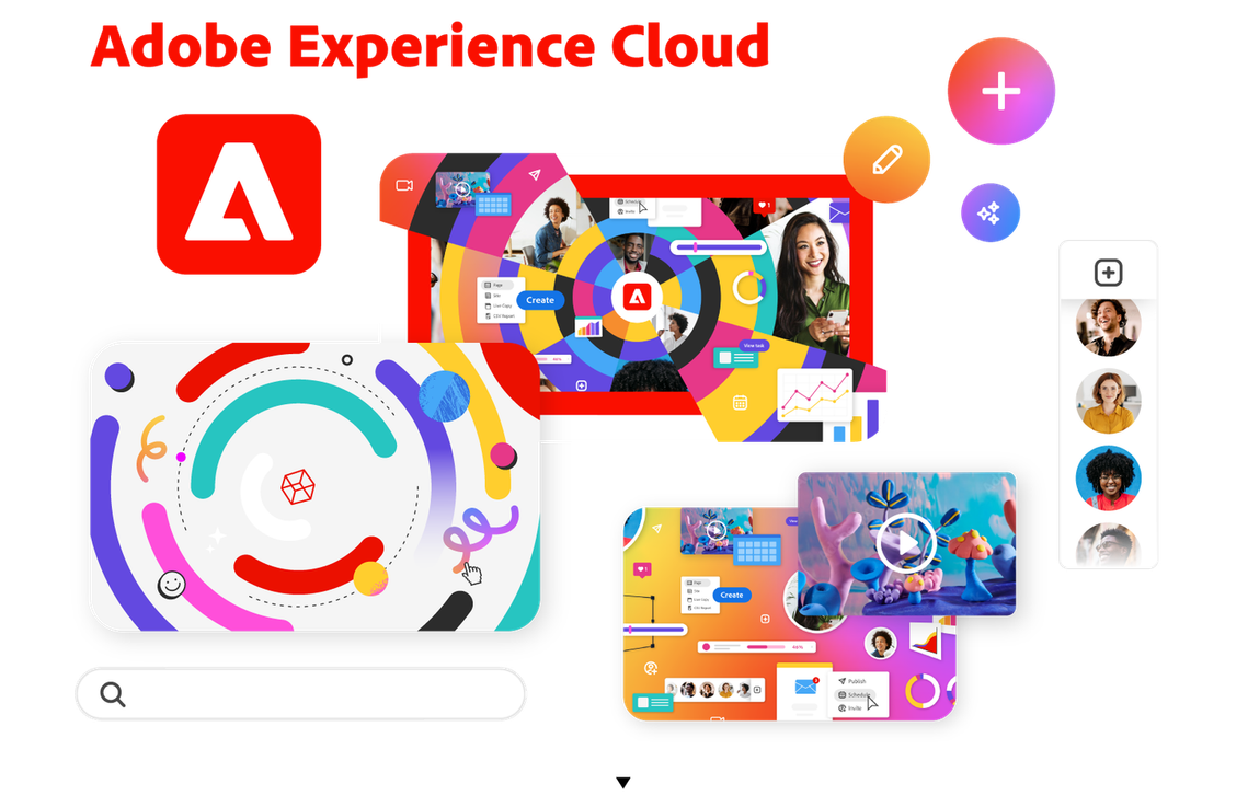 Colorful graphic elements mixed with smiling profiles for Adobe Experience Cloud animated brand videos