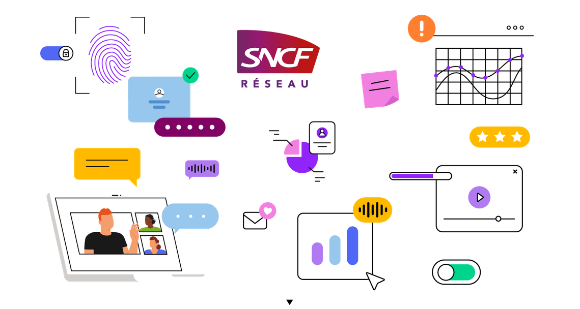 Concept design to enhance Sncf Réseau’s new visual identity and graphic guideline with illustrations and characters evoking digital network, cybersecurity, and reports