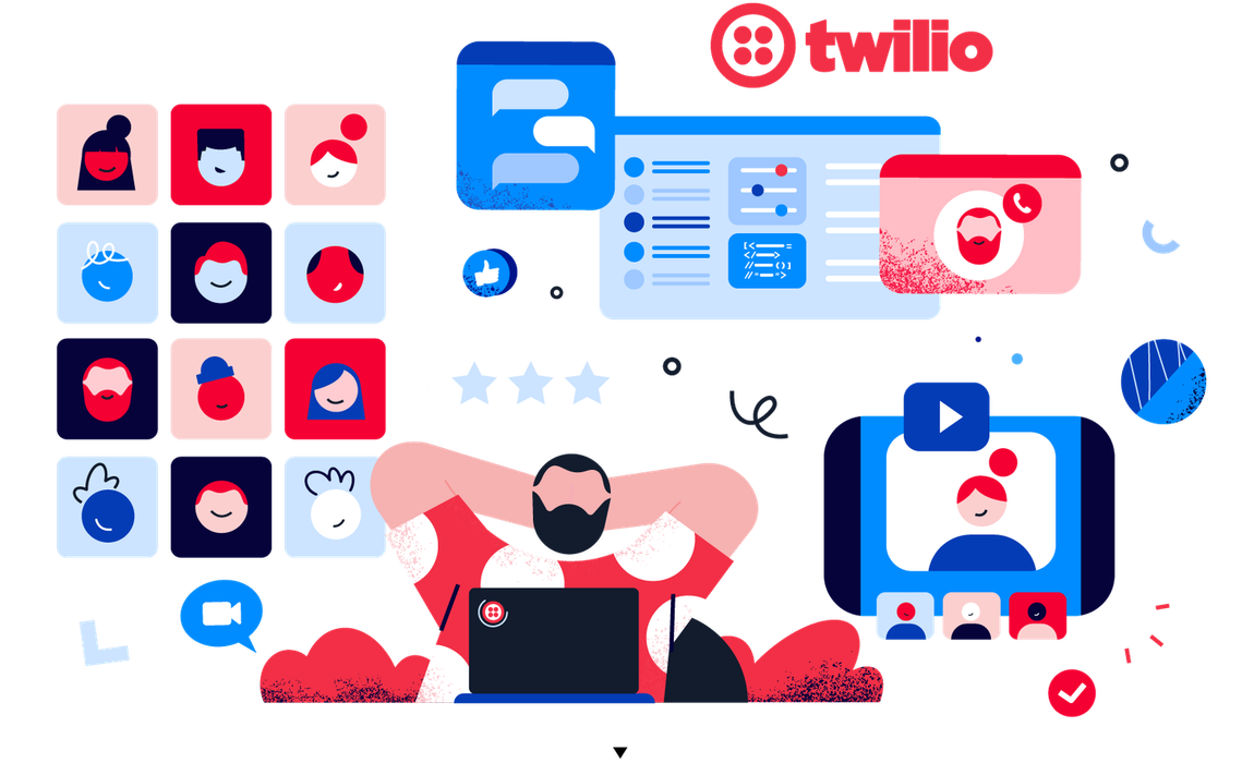 Twilio brand motion-graphics along with illustrated characters communicating through computer and phone apps 