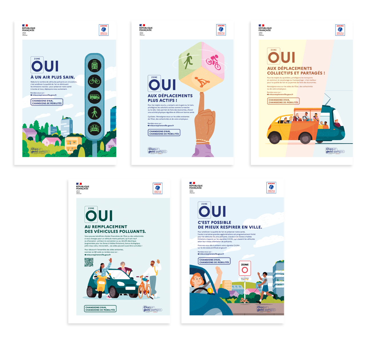 Présentation de l'ensemble des 5 visuels illustrés par Clémence Thune pour l'ADEME. Publications à retrouver dans différents magazines nationaux français et presse régionale.