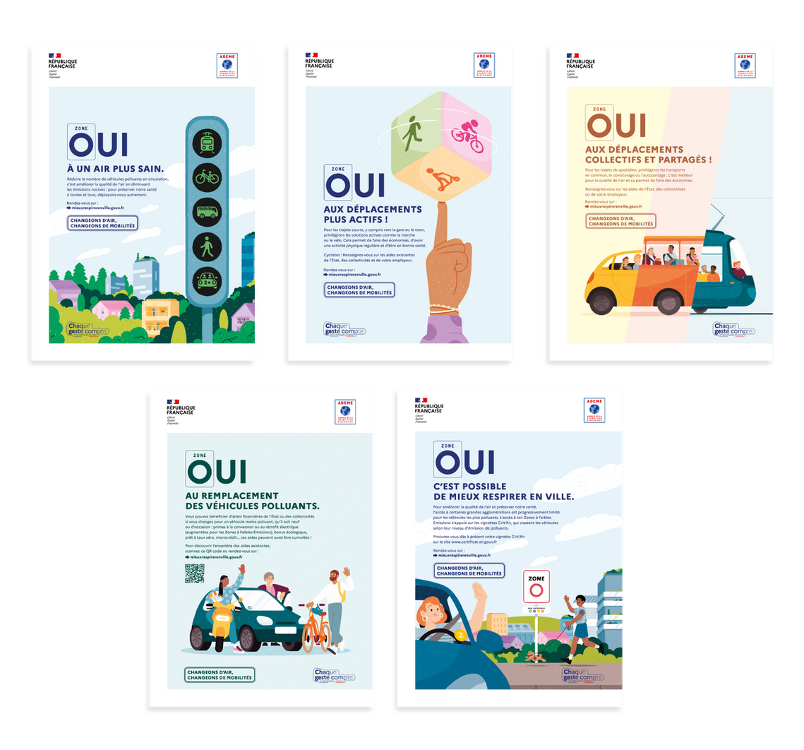5 affiches illustrées sur fonds pastels. Les textes soutiennent le message 