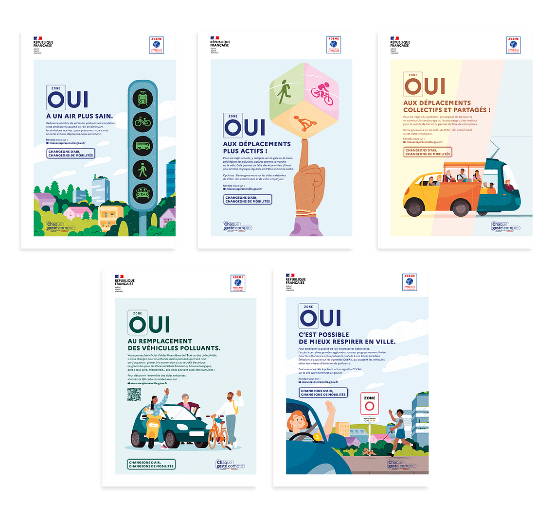 5 affiches illustrées sur fonds pastels. Les textes soutiennent le message 
