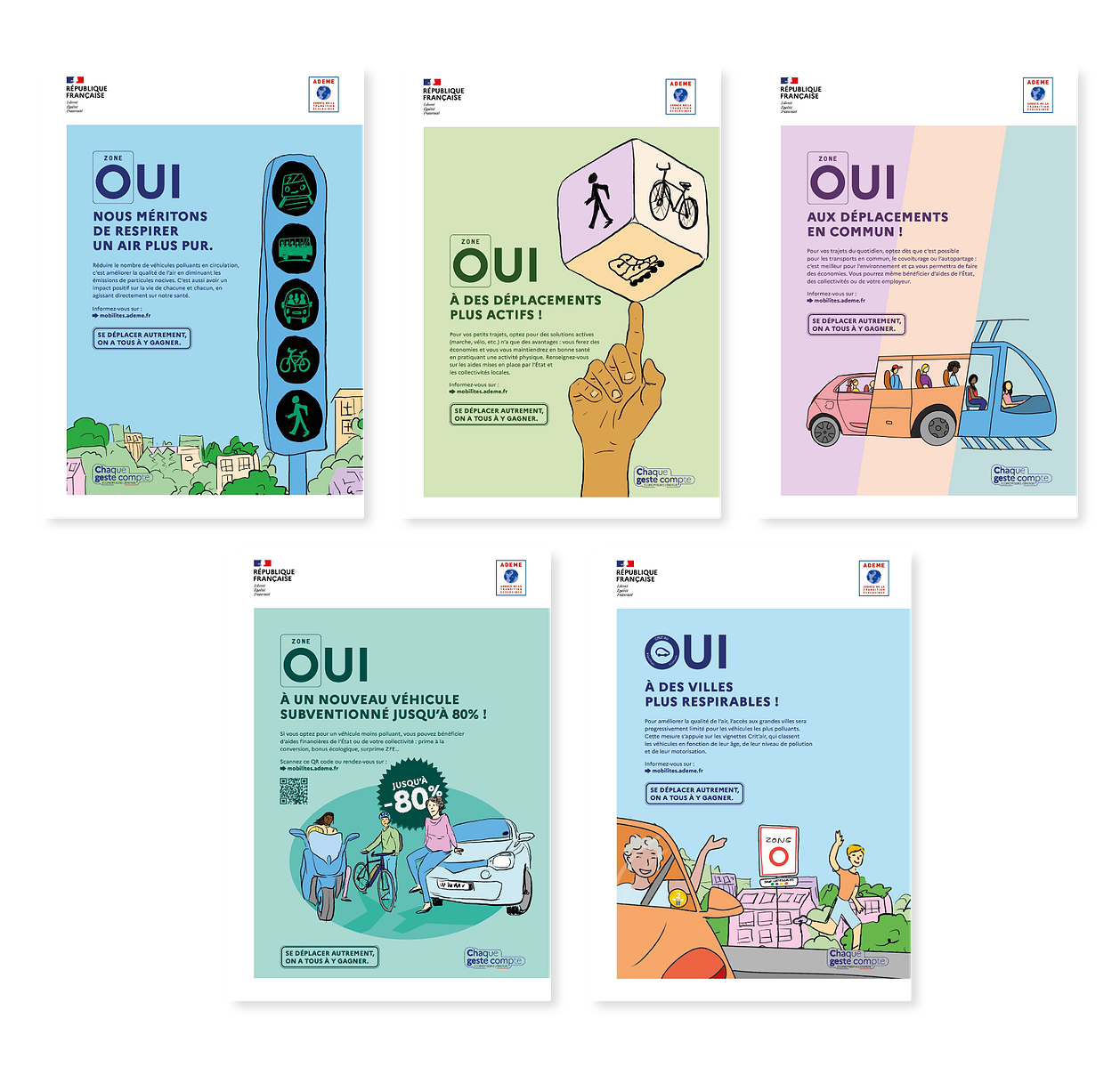 5 maquettes illustrées sur fonds pastels. Les textes soutiennent le message "Oui aux mobilités douces"