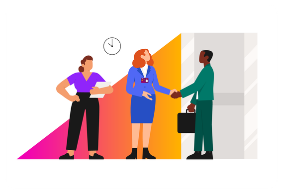 An HR manager meets with a client, assisted by her assistant.