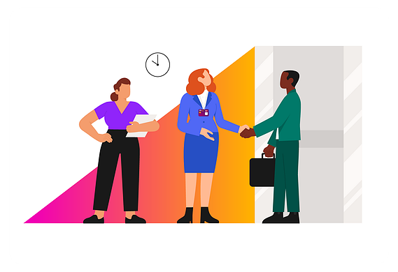 An HR manager meets with a client, assisted by her assistant.