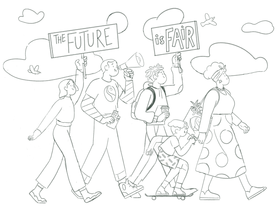 Sketch of 5 people marching for a fair future. Final approved proposal.