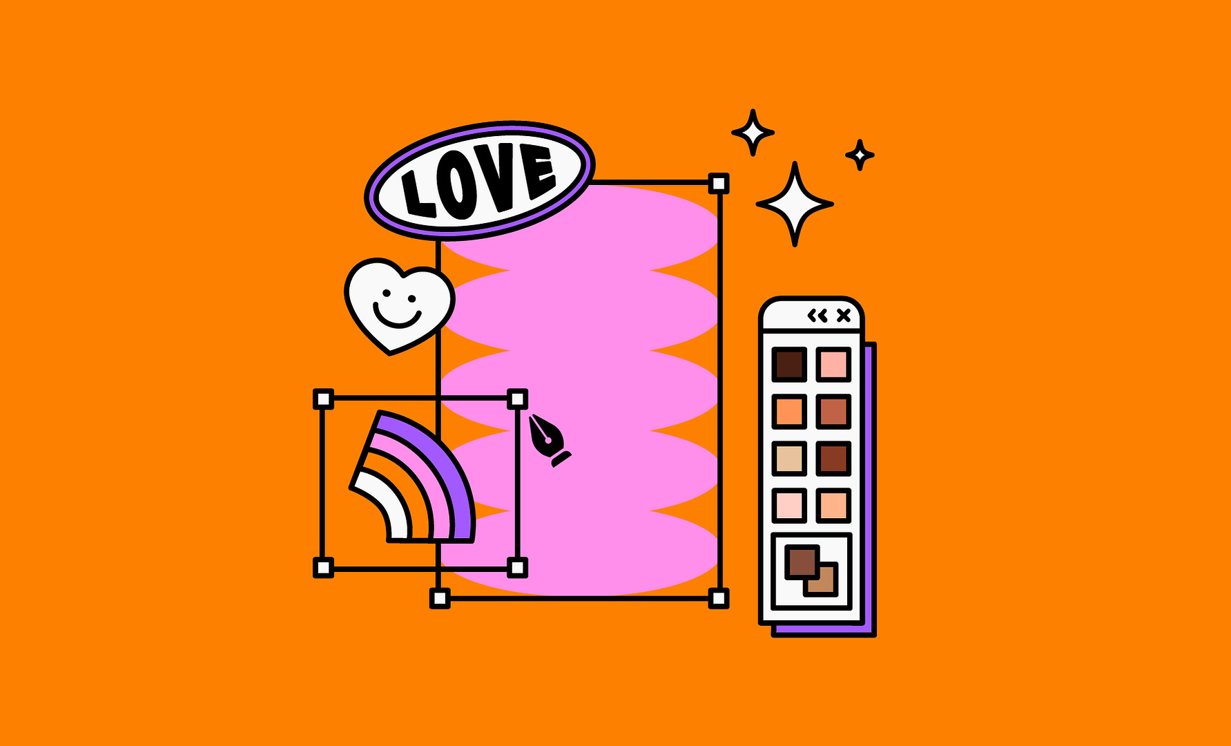 Vignette en flat design 2d aux couleurs contrastées et pop, illustrant les codes de la création d'images digitales et des symboles de l'amour, de la communauté LGBTQ+ ainsi qu'une palette des différentes teintes de peaux