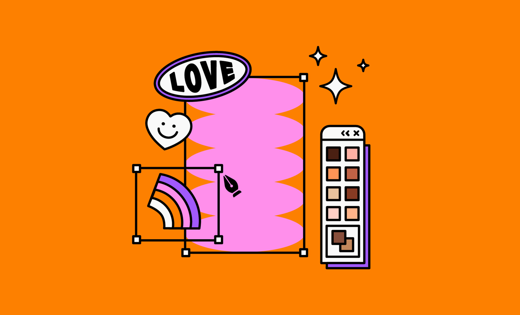 Vignette illustrée en flat design 2d avec des couleurs contrastées et pop, représentant les codes de la création d'images digitales et des symboles de l'amour, de la communauté LGBTQ+ ainsi qu'une représentation simplifiée des différentes teintes de peaux
