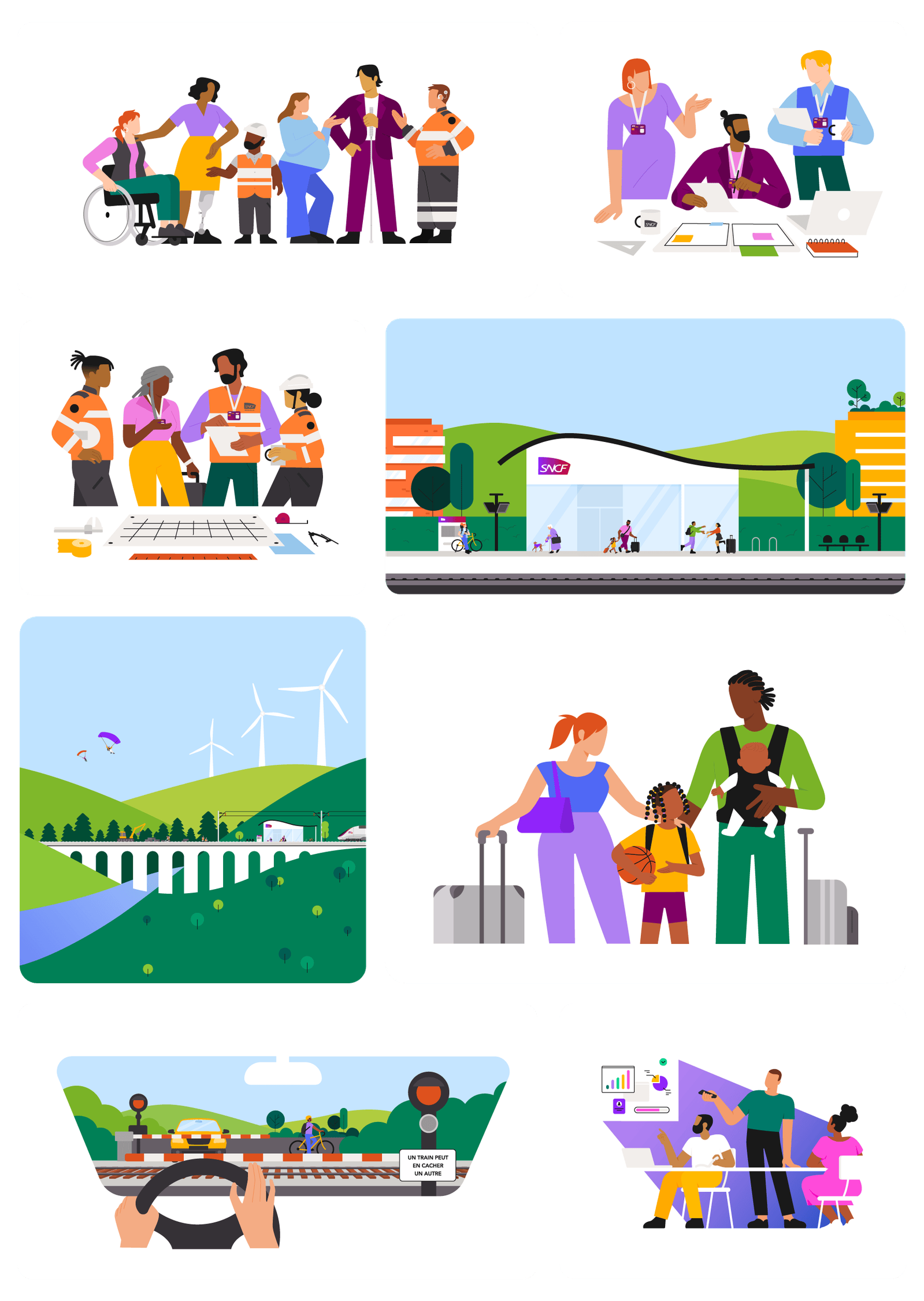 Ensemble de 8 illustrations du kit SNCF Réseau. Silhouettes et couleurs de peau diverses. Gare SNCF dans un paysage champêtre. Voie ferrée sur un pont. Couple mixte de voyageurs avec enfants. Employés de bureau