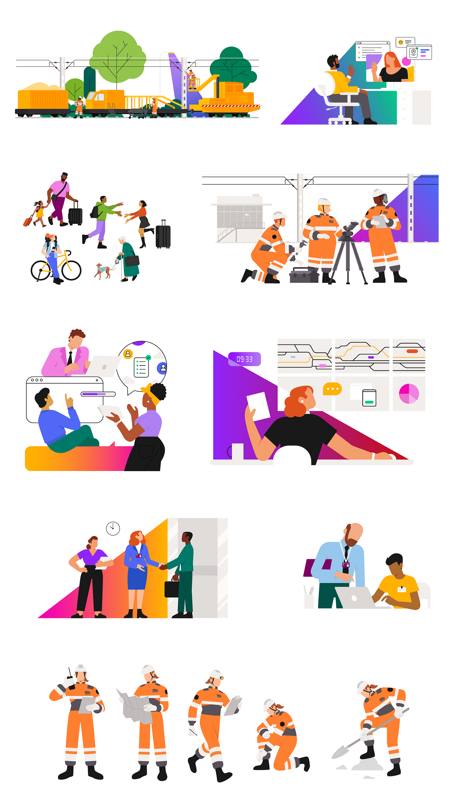 Personnages en tenue de travail. Technicien.nes, Situation d'apprentissage, géomètres, voie ferrée, écrans de contrôle du trafic, voyageuses et voyageurs, managers de projet