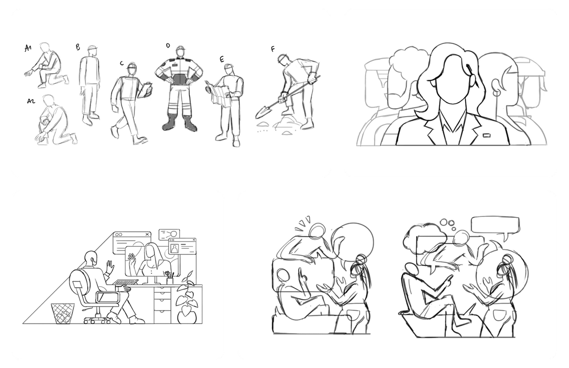 black & white rough sketches of character design, posing