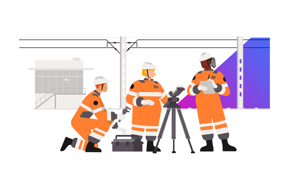 3 surveyors and technician working on railway