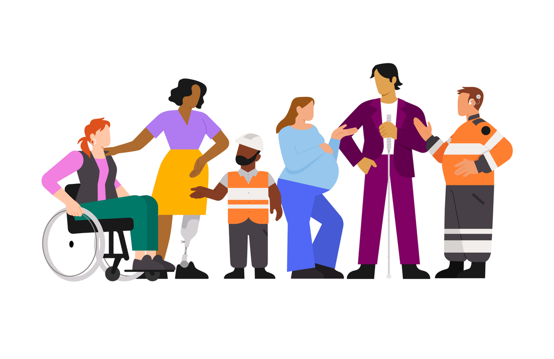 A group of 6 employees are discussing together; they are all individuals with reduced mobility.