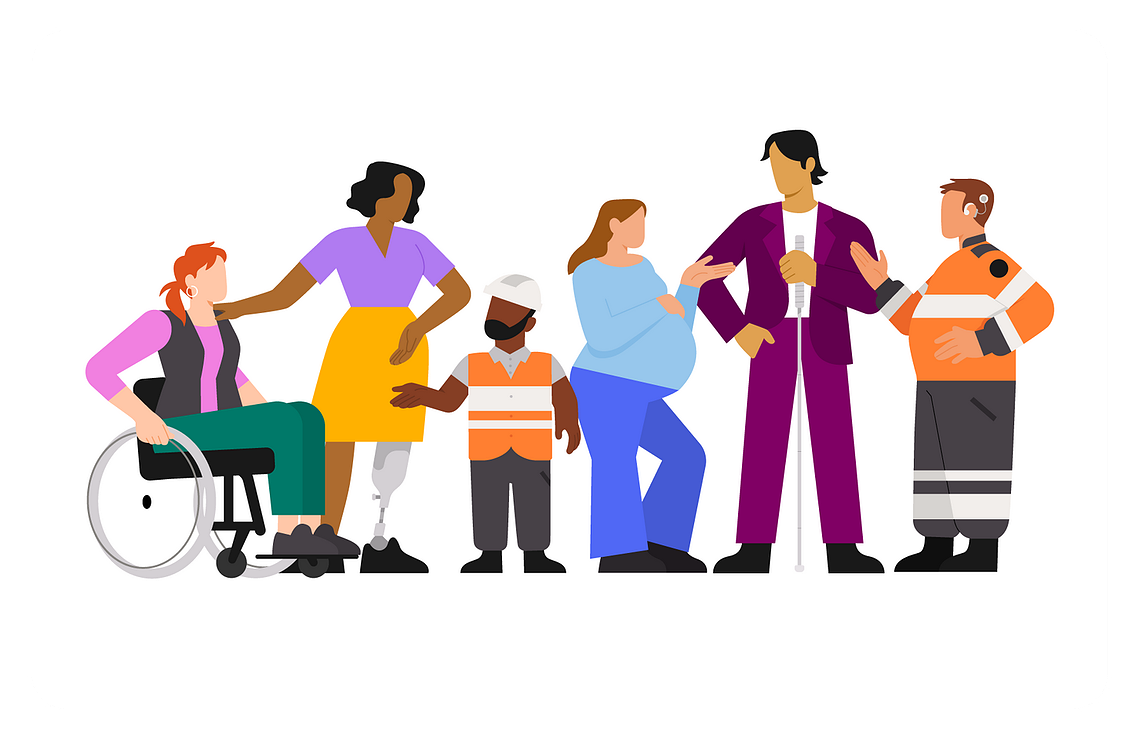 A group of 6 employees are discussing together; they are all individuals with reduced mobility.