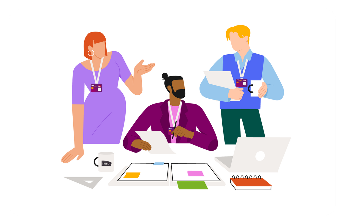 3 characters, 1 woman in purple discussing with 2 men dressed in purple and blue in minimalist decor