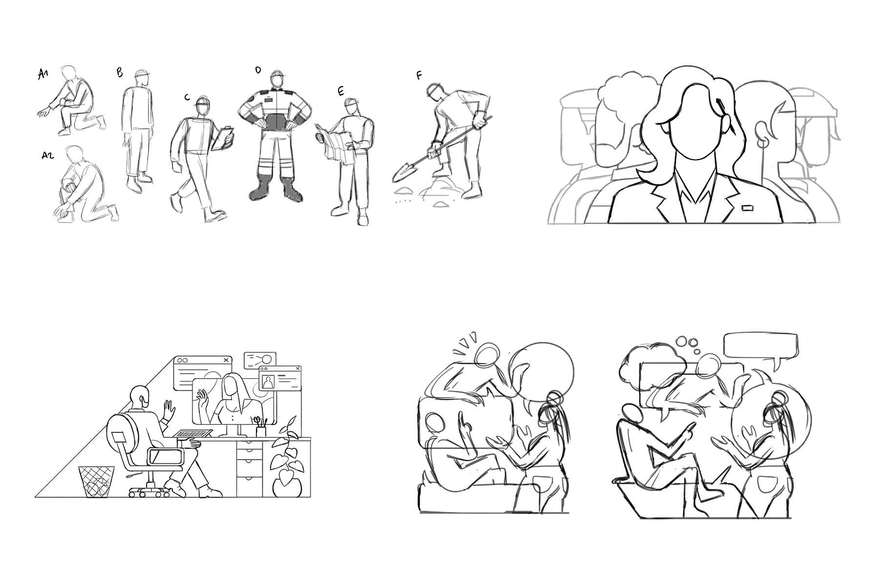 Vignettes de dessins tests de silhouettes, poses, visages et disposition des personnages