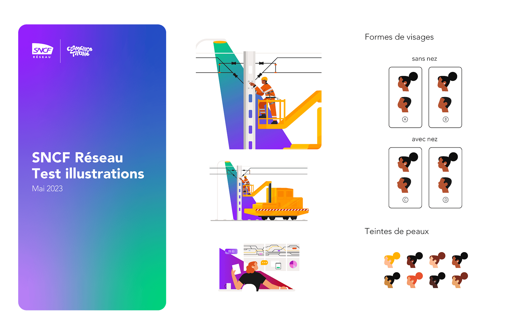 Intention créative comprenant des têtes de couleurs de peau diverses. Des vignettes d'un catener et d'un technicien de maintenance. Une responsable rousse au trafic. Des éléments graphiques aux couleurs de la marque SNCF Réseau