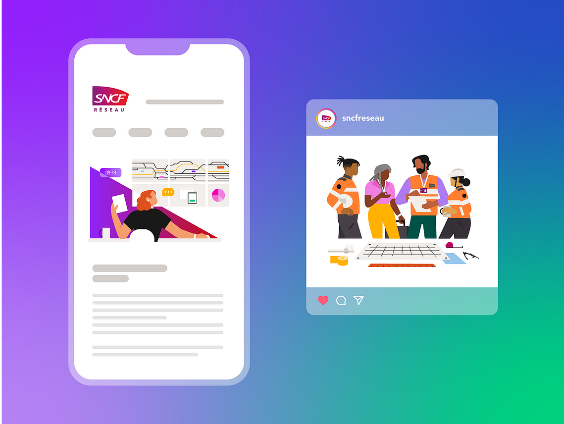 Mockup of an illustration on a website and another one on instagram.