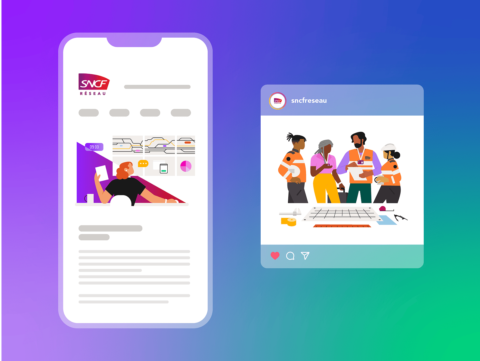 Mockups illustrés. Un écran de smartphone montre le site SNCF Réseau avec une illustration du kit. A côté un mockup Instagram avec une autre illustration montrant 4 employé.es, bien-être au travail, sécurité