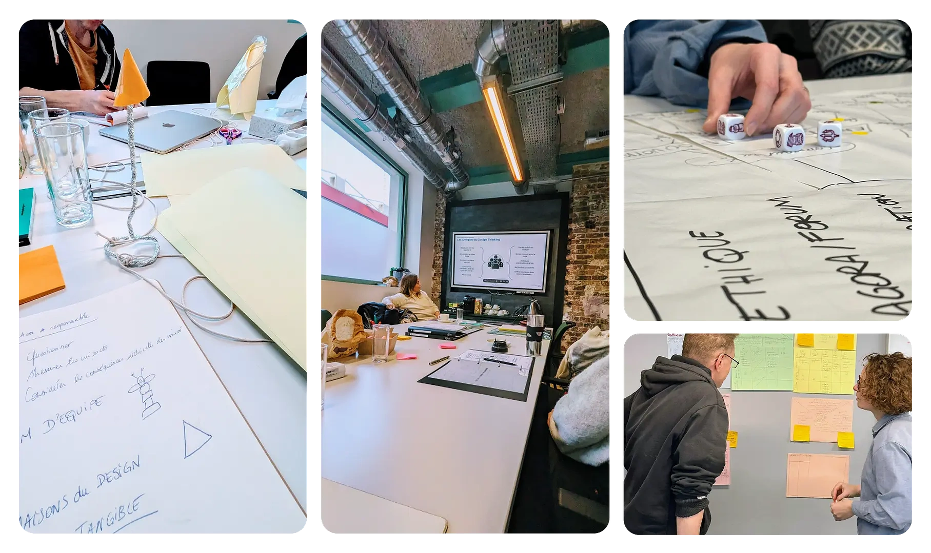 Photo présentant la salle de formation Consiliom à Paris, nous voyons des post it des documents et les participants à la formation notamment Clemence Thune Brand Designer