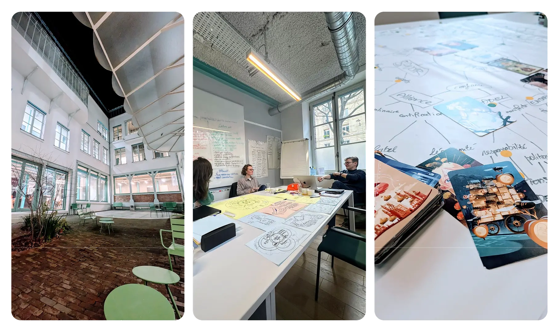 Photos de l'extérieur de la salle de formation à Paris, les participants discutent entre eux lors de la formation design thinking, chritophe lemaire et clémence thune échangent. Nous voyons également des cartes de jeu Dixit utilisées lors de la formation.